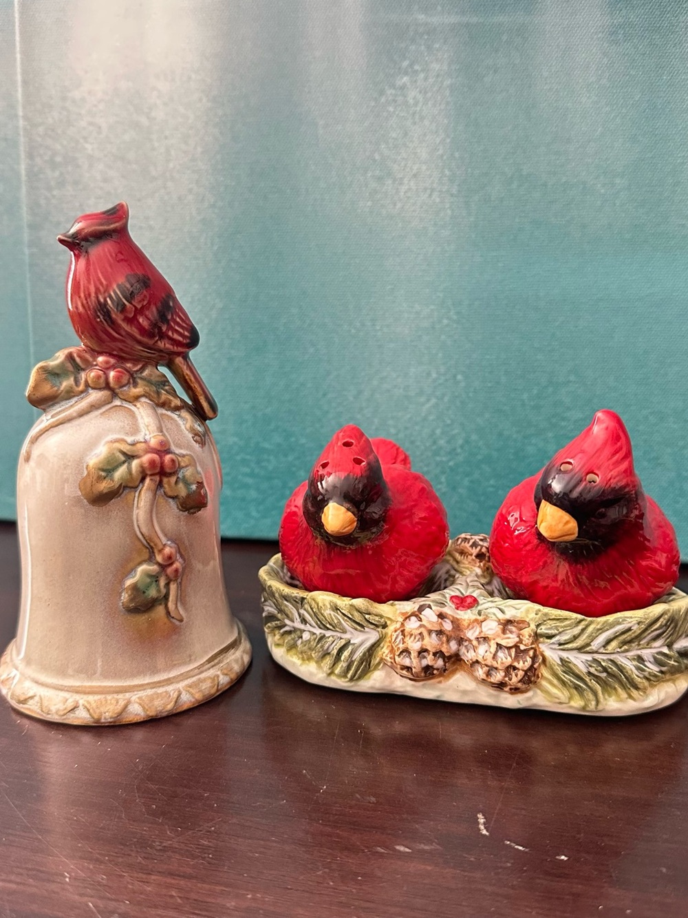 Ceramic Red Cardinal Salt & Pepper Shaker Set with Bell Accent